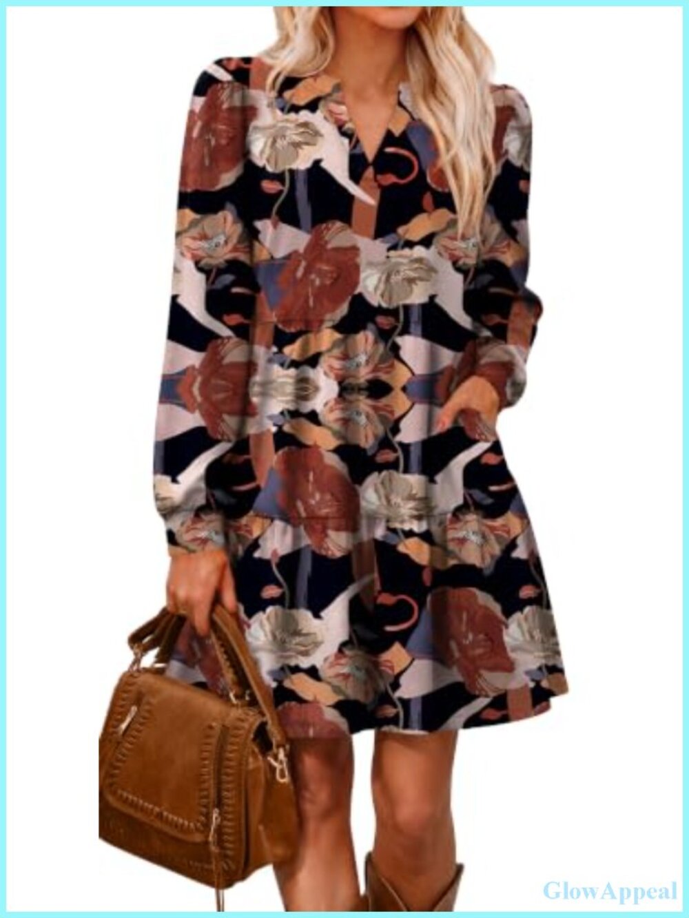Women's V Neck Long Sleeve Tiered Dress with Pockets